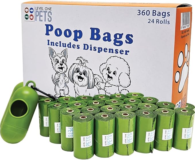 Level One Pets Pet Poop Leak Proof Waste Bags with Dispenser and Leash Clip, Lavender Scented, 9" x 13" Large Size Bags (360)