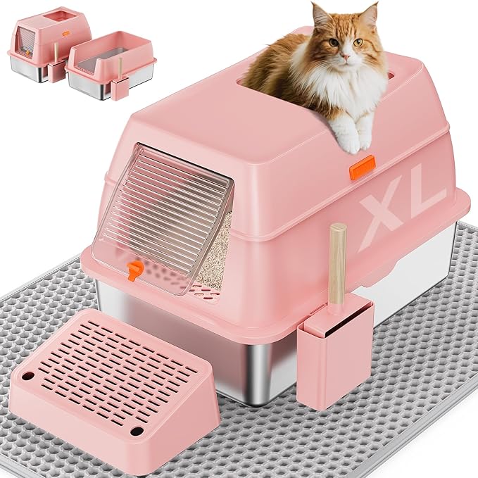 Removable Stainless Steel Cat Litter Box with lid, Front & Top Entry Kitty LitterBox，Cat Litter Box Enclosure, XL Extra Large High-Sided Metal Cat Box with Scoop, Mat, Footboard (Pink)