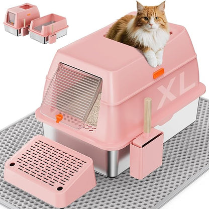 Removable Stainless Steel Cat Litter Box with lid, Front & Top Entry Kitty LitterBox，Cat Litter Box Enclosure, XL Extra Large High-Sided Metal Cat Box with Scoop, Mat, Footboard (Pink)