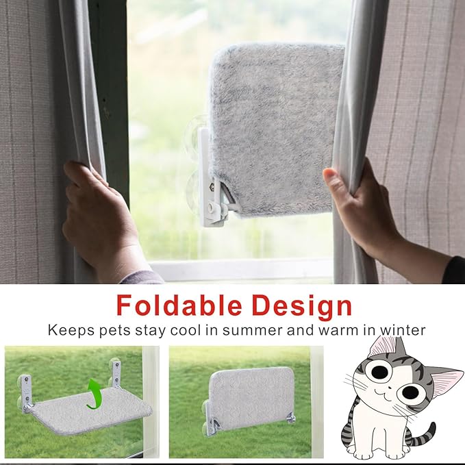Idepet Cat Window Perch Cordless Foldable Cats Hammock Bed with Interactive Toys,Suction Cups,Reversible Cover Keep Pets Cool Warm for Summer Winter,Indoor Kitten Resting Seat(Gray&Black, 1 Pack)