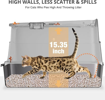 Stainless Steel Cat Litter Box, XL Enclosed Cat Litter Box with Lid, Easy to Clean High-Sided Metal Kitty with Top Entry, Scoop, Mat, Brush & Foot Pedal-Light Gray