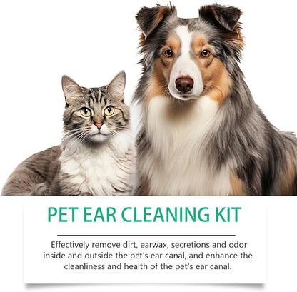 Dog Ear Cleaning Kit for Dogs and Cats, Pet Ear Care Grooming Tool Set with Pet-Safe Silicone Ear Cleaner, Tweezers, Scissors, Cotton Swabs and Cleaning Cloth