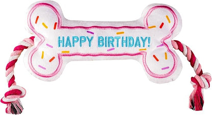 PAWTY Birthday Bone Dog Toy - Funny Interactive Tug Rope Squeaky Dog Birthday Gift - Plush Pink Bone Toy for Small Medium Dogs - Dog Birthday Party Supplies
