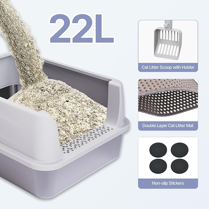 Henkelion Stainless Steel Cat Litter Box with Lid, Extra Large Litter Box for Big Cats with High Sided, Non-Sticky, Anti-Urine Leakage, Easy Cleaning, Include Cat Mat and Scoop with Holder (S)
