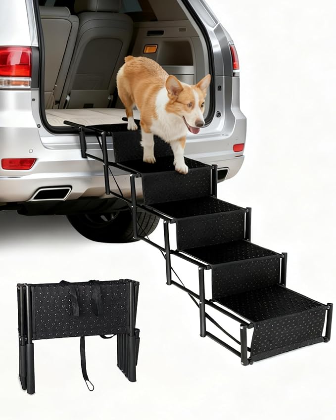 5-Step Foldable Dog Stairs for Car, SUV & Truck (34"–38" Height) – Lightweight Pet Steps with Non-Slip Surface, Portable & Joint-Friendly, Supports Small & Medium Dogs up to 100 lbs