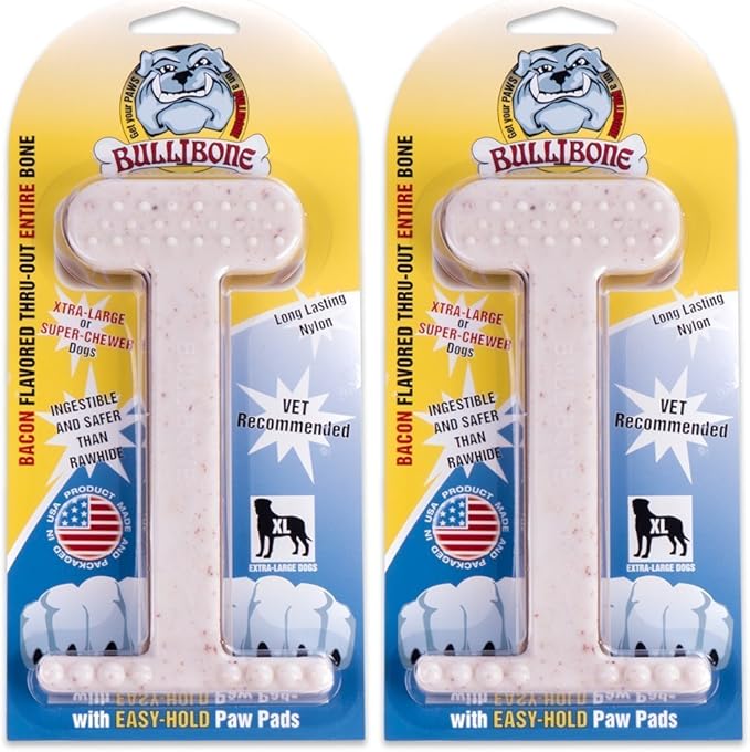 Bullibone Nylon Dog Chew Toy for Aggressive Chewers - Dental Hygiene Bone with Bacon Flavor, Durable Tough Chew Toys for Extra Large Dogs, Indestructible Dog Bone - 2 Pack