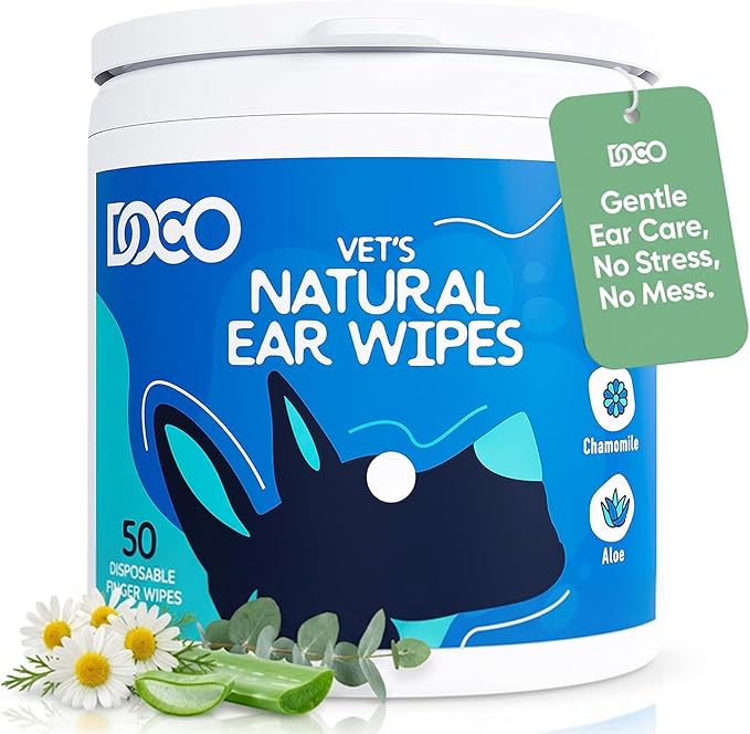 DOCO Dog Ear Cleaning Wipes (50 Count) | Finger Ear Wipes for Dogs & Cats with Eucalyptus, Chamomile & Aloe | Gently Clean, Itchy Ears, Soothes & Deodorizes