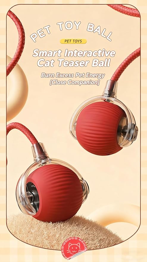 RightBliss Automatic Interactive Cat Dog Toy with Elastic Tail: Chirping Sound, Smart Obstacle Avoidance for Indoor Cats & Kittens(Feathered-Tail Gray Ball)