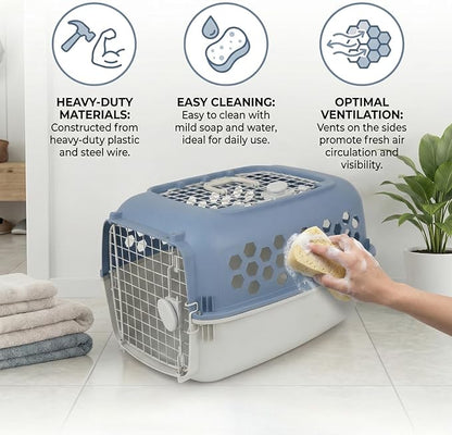 Hard-Sided Pet Carrier for Dogs and Cats | 24-Inch Top-Load Travel Kennel with Double Door Entry | Heavy-Duty Plastic Crate for Vet Visits & House Training, Up to 30 lbs Capacity,Blue/Gray