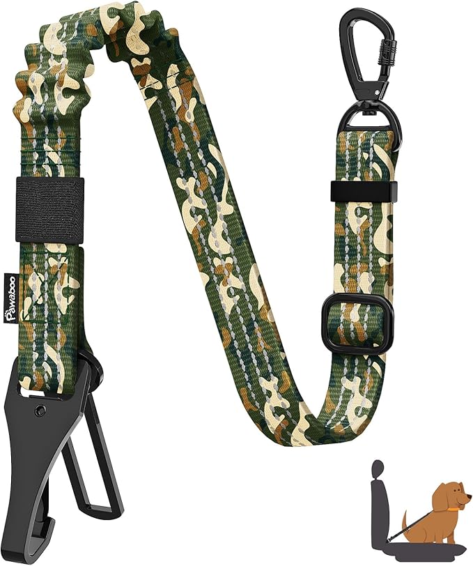 Pawaboo Dog Car Seat Belt– Reflective & Adjustable Dogs Cars Harness Leash with 360° Lockable Buckle, Shockproof Dogs Tether Bungee for Safe Travel, Army Green Camouflage
