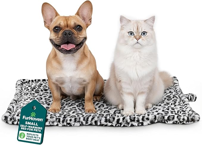 Furhaven ThermaNAP Self-Warming Cat Bed for Indoor Cats & Small Dogs, Washable & Reflects Body Heat - Quilted Faux Fur Reflective Bed Mat - Snow Leopard, Small