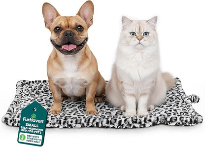 Furhaven ThermaNAP Self-Warming Cat Bed for Indoor Cats & Small Dogs, Washable & Reflects Body Heat - Quilted Faux Fur Reflective Bed Mat - Snow Leopard, Small