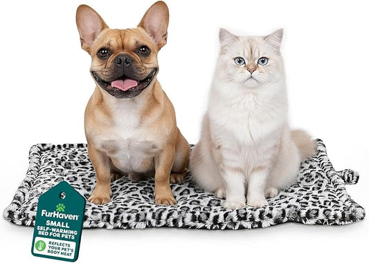 Furhaven ThermaNAP Self-Warming Cat Bed for Indoor Cats & Small Dogs, Washable & Reflects Body Heat - Quilted Faux Fur Reflective Bed Mat - Snow Leopard, Small