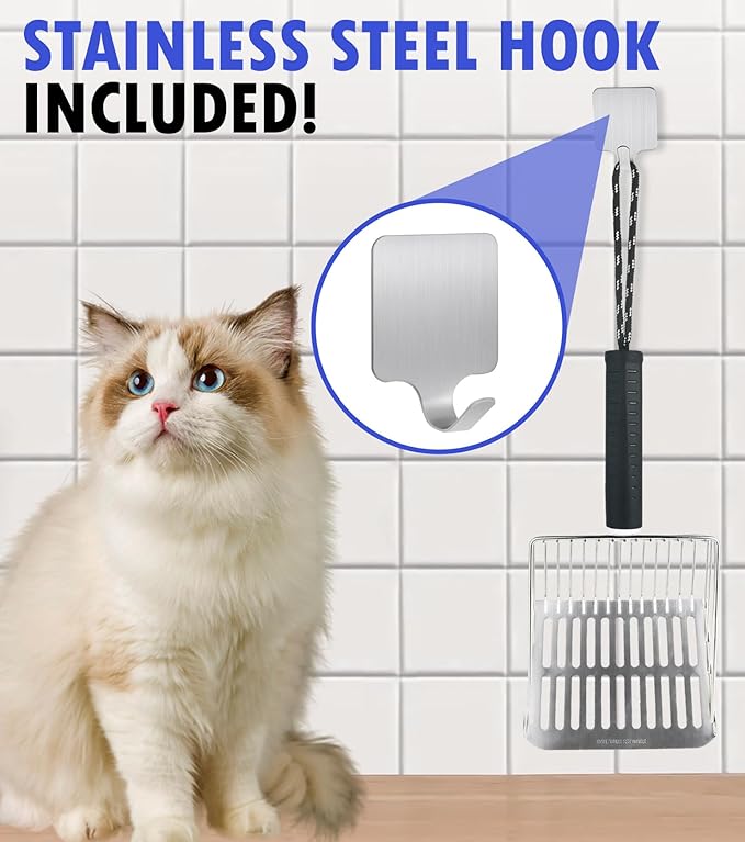 Cat Litter Scoop,Solid and Durable Kitty Metal Scooper,Stainless Steel Sifter,Heavy Duty,for Litter Box,Black Rubber Handle,Included Stainless Steel Hook