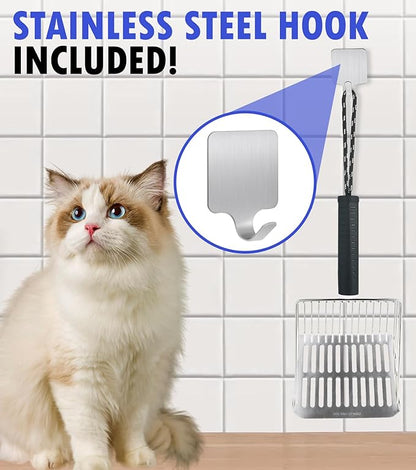 Cat Litter Scoop,Solid and Durable Kitty Metal Scooper,Stainless Steel Sifter,Heavy Duty,for Litter Box,Black Rubber Handle,Included Stainless Steel Hook