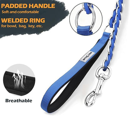 Chain Dog Leash Chew Proof Metal Leash for Medium Large Dogs, Chain Link Dog Anti Chew 5.2FT / 4FT Strong Anti Bite Comfortable Soft Padded Handle (Blue, 5FT(30-80lb)