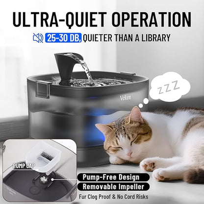 Veken Cat Water Fountain with Detachable Tank & Secure Clips, Easy to Clean & Assemble, 84oz/2.5L Pet Drinking Dispenser with Quiet Operation & LED Light, Gifts, Cats, Dogs and Small Pets, Black