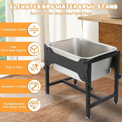 BWOGUE 3 Gal Elevated Large Dog Water Bowl, Raised Stainless Steel Bowl Stand Large Breed, 4 Height Adjustable (9", 11", 13", 15") Non-slip Dog Feeding Station for Joint Pressure Relief Indoor Outdoor