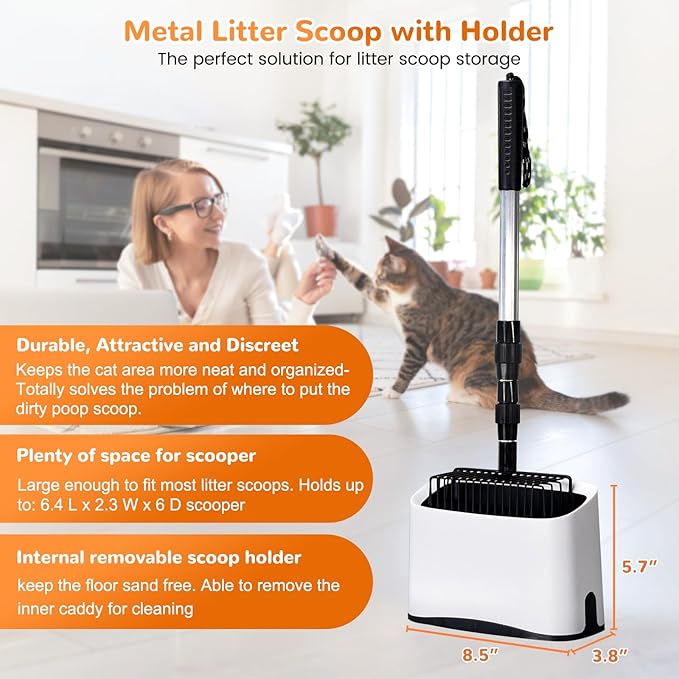 Metal Cat Litter Scoop with Holder, 43" Extendable Long Handle Cat Scooper for Litter Box, Solid & Durable, Deep Shovel for Fast Sifting, Large Pet Pooper Scooper for Kitty/Outside Dog Poop