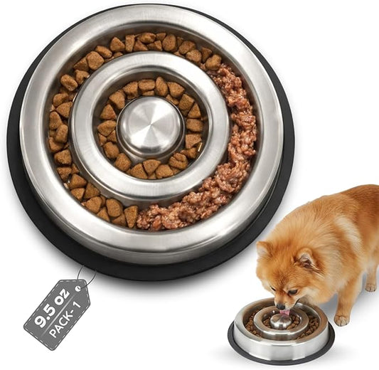 1.2 Cup (9.5 oz) Slow Feeder Dog Bowls, Shallow Spiral Style Stainless Steel Small Dog, Cat Dry, Wet Food Dishes Fast Eater Nonslip Heavy Feeding Puzzle Bowl, Slow Down Eating