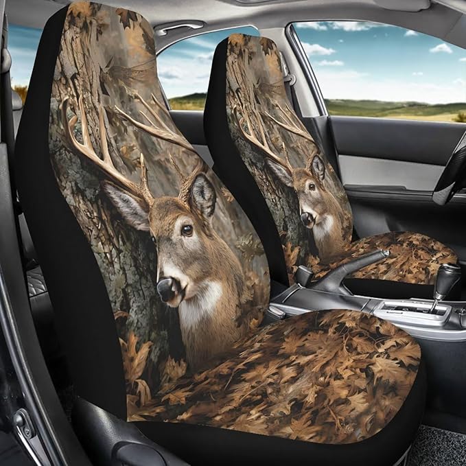 Waterproof Front Seat Covers Easy Installation Camo Deer Hunter Car Seat Covers Set of 2 Stretch Polyester Fabric Cover Car Interior Accessories Universal Fit Most Cars,SUV, Trucks