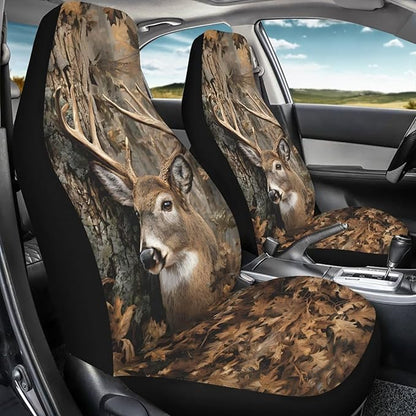 Waterproof Front Seat Covers Easy Installation Camo Deer Hunter Car Seat Covers Set of 2 Stretch Polyester Fabric Cover Car Interior Accessories Universal Fit Most Cars,SUV, Trucks