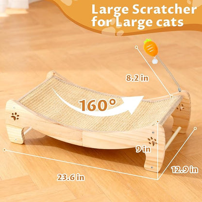Cat Scratcher Bed with Interactive Carrot Toy - 3-in-1 Wooden Sisal Scratching Pad, Hammock Lounge & Play Center for Indoor Cats - Furniture Protector, Solid Wood Frame (Extra Large)