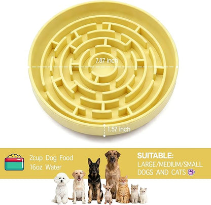 Silicone Slow Feeder Bowl, with Non-Slip Suction Cups, Anti-Choking, Puppy Puzzle Bowl, Slows Down Eating Speed, Relieves Anxiety, Suitable for S&M Sized Dogs and Cats(Yellow
