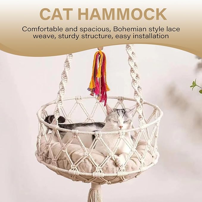 Cat Swing, 49 Inch Hanging Cat Bed with Cotton Mat, Boho Style Hammock with Tassel, Space Saving Hammock Bed for Sleeping, Playing, and Lounging, Hammocks