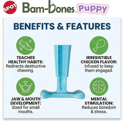 SPOT Bam-Bones Puppy T-Bone Dog Chew Toy, Chicken Flavor, 6 Inch, Bamboo Fiber & Flexible Rubber, Easy Grip Design for Gentle Chewers, Small Dogs & Puppies