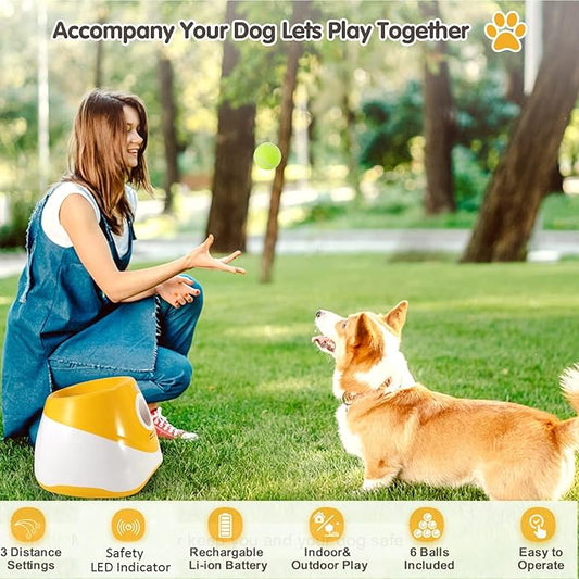 SOCO Automatic Ball Launcher for Dogs, USB Rechargeable with 3 Distances (10/20/30 ft), Safety LED Indicator, Include 6 Tennis Balls, Indoor/Outdoor Fetch Toy for Small/Medium Dogs