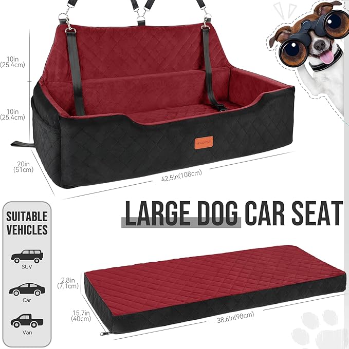 HEGGCOOE Large Dog Car Seat Under 100 lbs, Washable Dog Car Bed for 2 Medium Dogs, Detachable Pet Booster Seat with Storage Pocket and Seat Belt for Back Seat