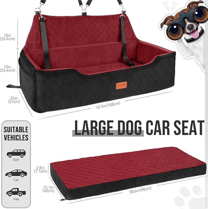 HEGGCOOE Large Dog Car Seat Under 100 lbs, Washable Dog Car Bed for 2 Medium Dogs, Detachable Pet Booster Seat with Storage Pocket and Seat Belt for Back Seat