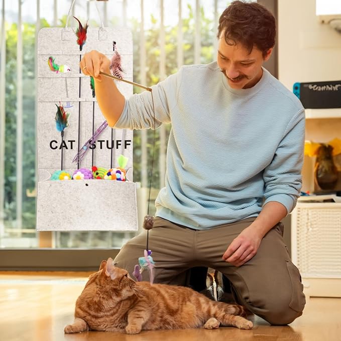 2 Pack Cat Wand Toy Storage Bag, Hanging Cat Teaser Holder for Neatly Organization, Durable Feather Pet Toy Organizer Bag with Handle for Indoor Pet Supplies, Feline Safety