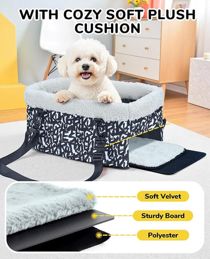 BurgeonNest Center Console Dog Car Seat for Small Dogs, Puppy Cat Car Seat Booster with Soft Cushion Safety Belt, Seats Safe & Cozy Metal Frame Armrest Dog Booster Pet Under 11 lbs (Graffiti)