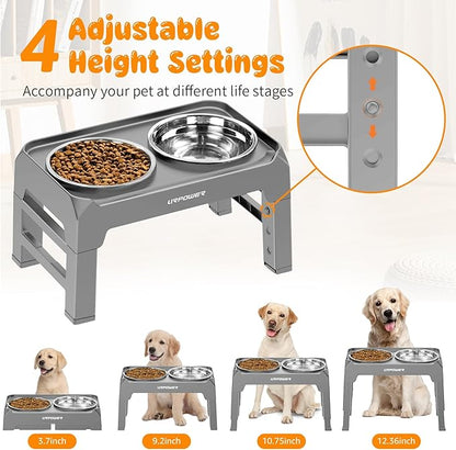 URPOWER Raised Dog Bowls 4 Height Adjustable Elevated Bowl Stand with Stainless Steel Water Bowl Non-Slip Dog Food Bowls Stand for Small Medium Large Dogs and Pets