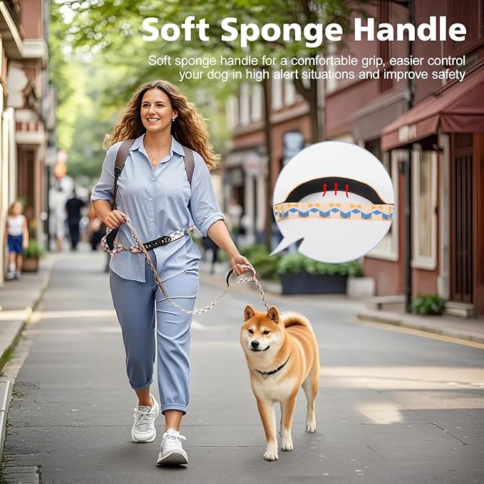 Hands Free Dog Leash, 8.5ft Adjustable Hands Free Leash for Medium Dogs, Versatile Handheld Crossbody Waist Lead with 3 Rings, for Running Jogging Walking, Sponge Handle, Geometric Orange