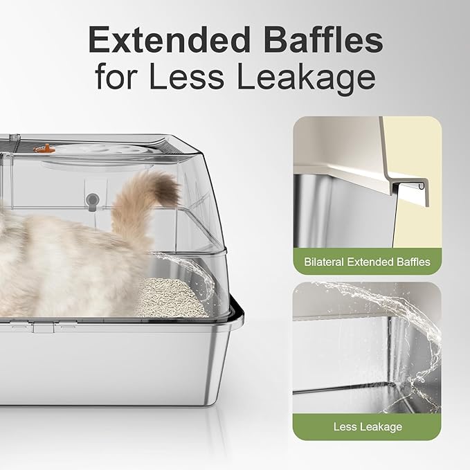 Stainless Steel Litter Box with Lid, XL Extra Large Litter Box, Enclosed Top Entry Metal Litterbox for Big Cats, Easy Cleaning, Anti-Leakage & High Sided with Mat, Aisle & Scoop, Beige