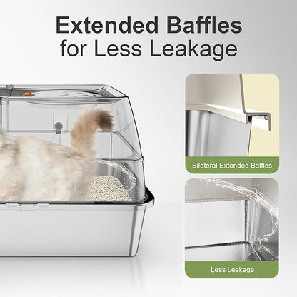 Stainless Steel Litter Box with Lid, XL Extra Large Litter Box, Enclosed Top Entry Metal Litterbox for Big Cats, Easy Cleaning, Anti-Leakage & High Sided with Mat, Aisle & Scoop, Beige