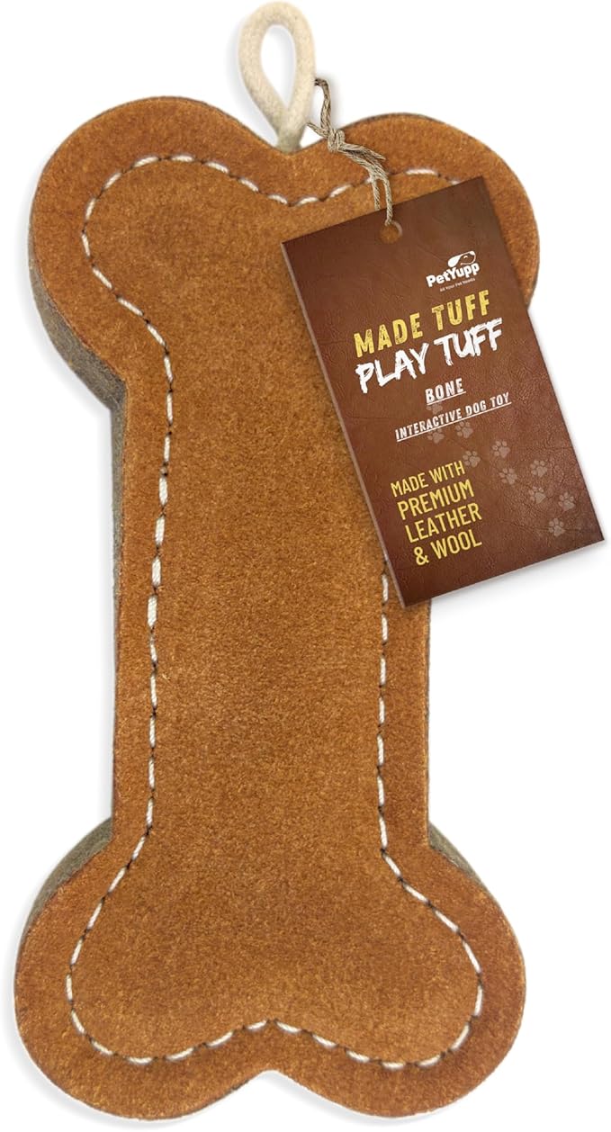 Bone Leather Dog Toy for Aggressive Chewers - Extra Thick Wool, Stitched & Real Leather Dog Toy for Small, Medium & Large Dogs - Durable & Safe Chew Toys for Puppies