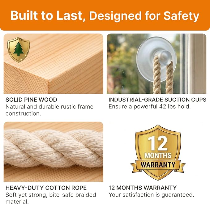 Cat Window Perch with Industrial-Grade Suction Cups - Solid Pine Wood Hammock Bed, Soft Cushion - 42 lb Capacity for Cats Inside