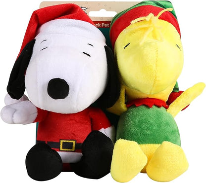 Peanuts for Pets 9 Inch Holiday Snoopy & Woodstock Big Head Plush Dog Toys with Squeaker | 2 Piece Squeaky Dog Toy Set, Santa Snoopy & Elf Woodstock Stuffed Plush Dog Toys
