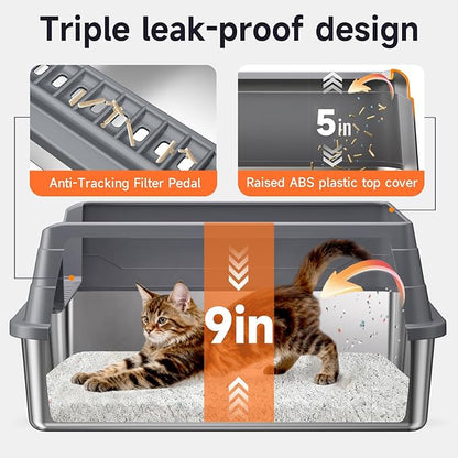 Stainless Steel Cat Litter Box, Odor Free Metal Litter Box with High Sides Lid, Open Top Low Entry Litter Pan Include Scoop Easy Cleaning Anti-Scratch Kitty Cat Box Anti-Urine Leakage, Non-Sticky