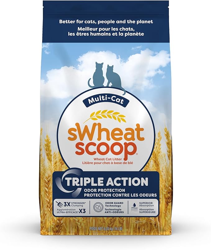 sWheat Scoop Triple Action Natural Wheat Cat Litter Odor Guard Technology, 3X Stronger Clumping, Super Absorbtion, 99.5% Dust Free Performance, 14 Pounds