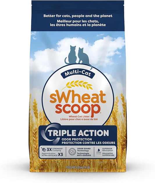 sWheat Scoop Triple Action Natural Wheat Cat Litter Odor Guard Technology, 3X Stronger Clumping, Super Absorbtion, 99.5% Dust Free Performance, 14 Pounds