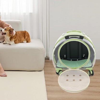 Transparent Bubble Pet Carrier with Wheels, Breathable Cat Dog Travel Carrier with 3-Stage Handle & Removable Strap, Portable Trolley Case with Ventilation for Small Dogs & Cats (Green)