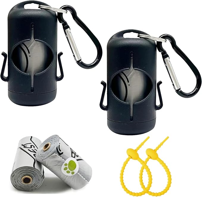 Dog Poop Bag Holder with Leash Clip, Adjustable Strap & 2-Side Hooks for Used Dog Waste Bags (Black)