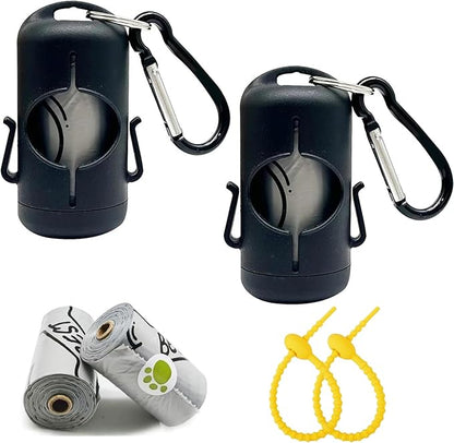 Dog Poop Bag Holder with Leash Clip, Adjustable Strap & 2-Side Hooks for Used Dog Waste Bags (Black)