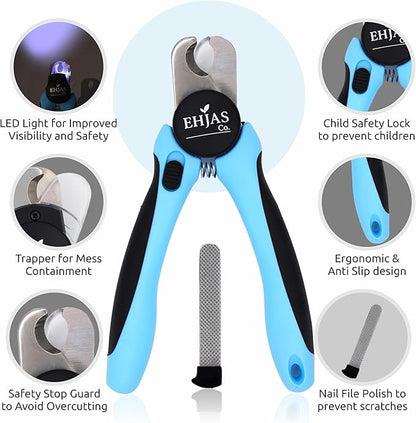 Dog Nail Clippers with LED Light & Quick Sensor, Pet Nail Trimmer with Safety Guard, Nail Catcher & Filer, Professonal Grooming Clippers for Dogs & Cats (Blue)