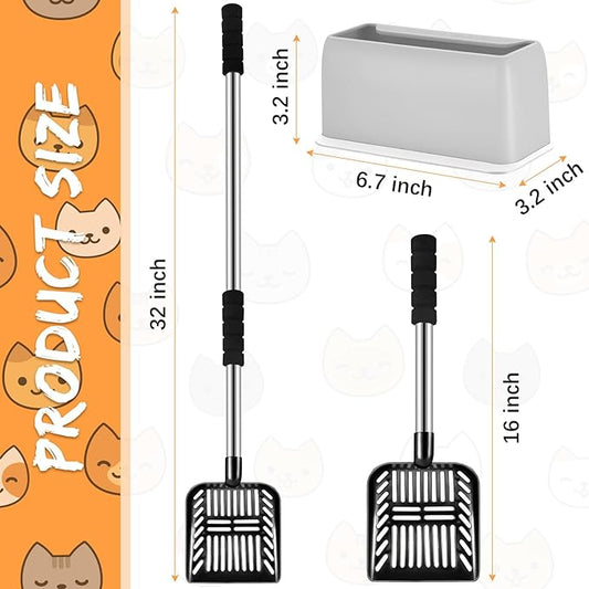 Hortsun 32 Inch Cat Litter Scooper Metal Long Handle with Cat Litter Scoop Holder Deep Kitty Sifter Shovel Detachable Stainless Steel Poop Sifter Scooper Caddy Kitty with Box(Black)
